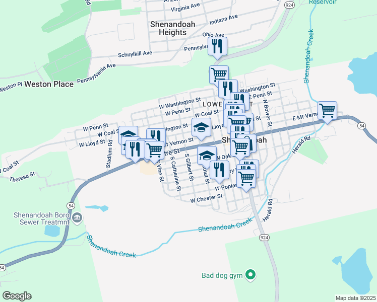 map of restaurants, bars, coffee shops, grocery stores, and more near 334 West Centre Street in Shenandoah