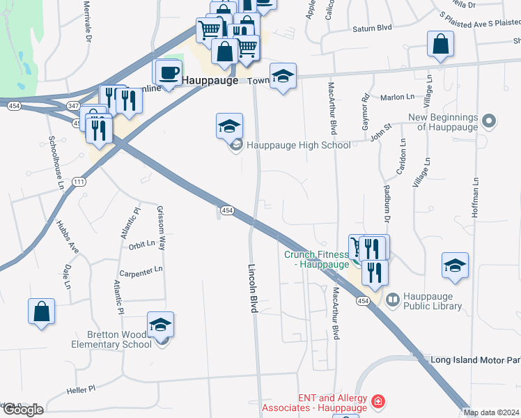map of restaurants, bars, coffee shops, grocery stores, and more near 441 Lincoln Boulevard in Hauppauge