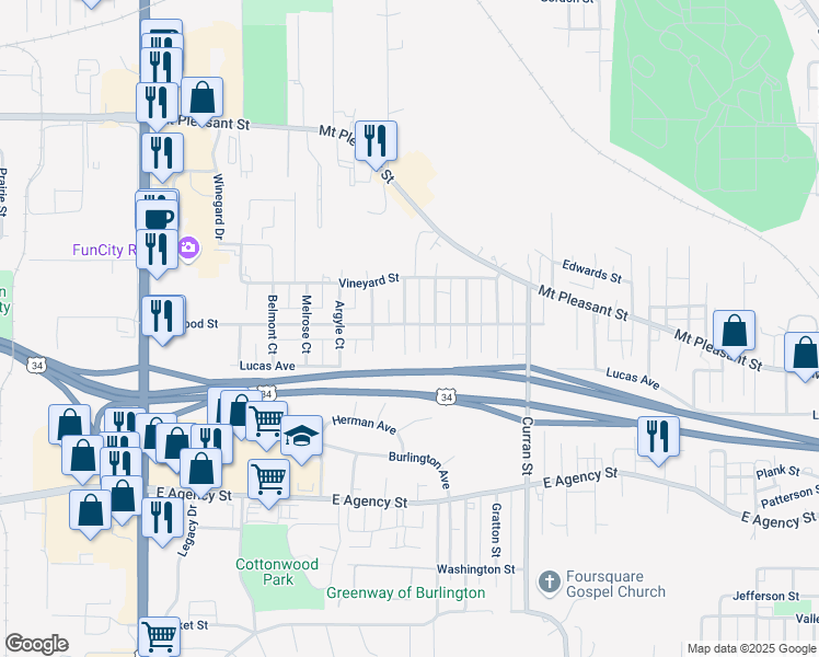 map of restaurants, bars, coffee shops, grocery stores, and more near 836 Hayes Street in Burlington
