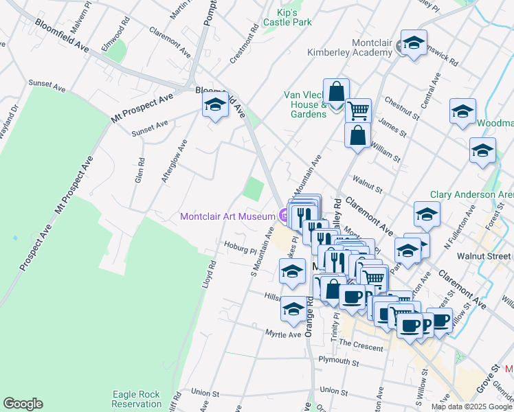 map of restaurants, bars, coffee shops, grocery stores, and more near 14 Walden Place in Montclair
