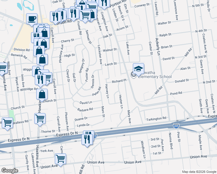 map of restaurants, bars, coffee shops, grocery stores, and more near 28 Harvey Lane in Lake Ronkonkoma