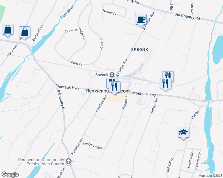 map of restaurants, bars, coffee shops, grocery stores, and more near 240 Montauk Highway in Remsenburg-Speonk