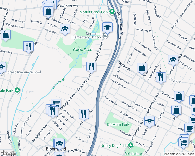 map of restaurants, bars, coffee shops, grocery stores, and more near 27 Civic Place in Bloomfield
