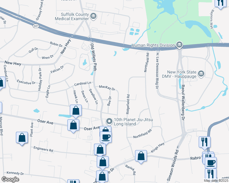 map of restaurants, bars, coffee shops, grocery stores, and more near 22 Mackay Drive in Hauppauge