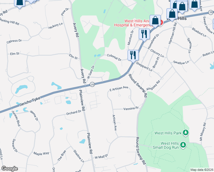 map of restaurants, bars, coffee shops, grocery stores, and more near 11 Artisan Avenue in Huntington