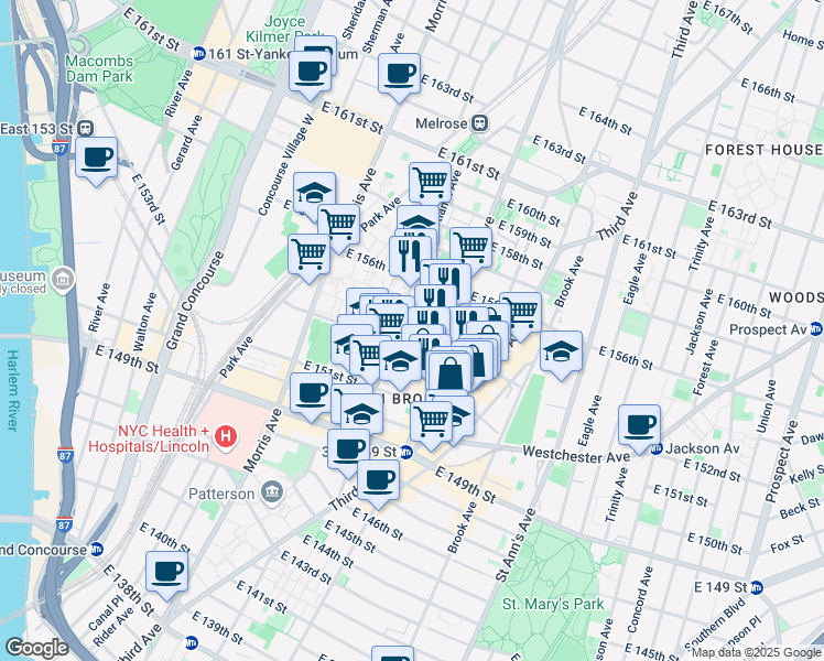 map of restaurants, bars, coffee shops, grocery stores, and more near 366 East 154th Street in The Bronx