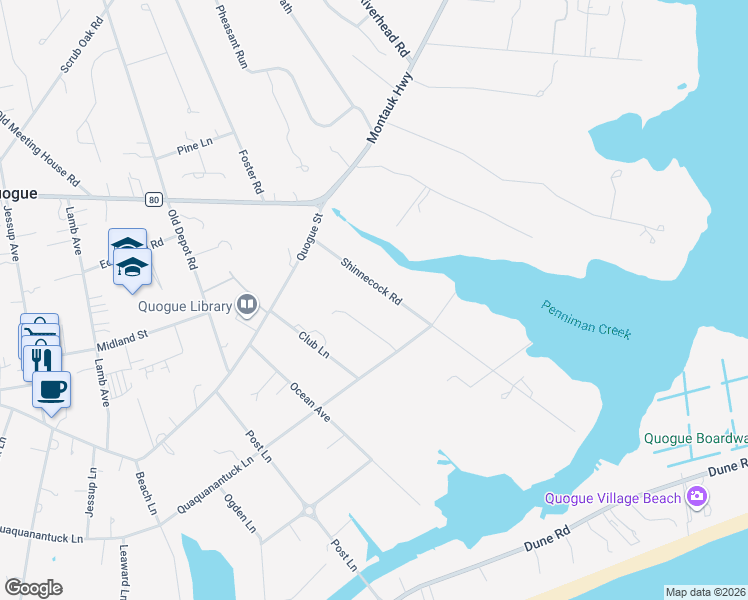 map of restaurants, bars, coffee shops, grocery stores, and more near 17 Shinnecock Road in East Quogue