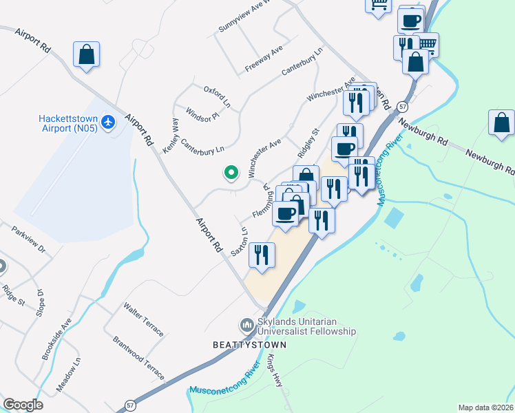 map of restaurants, bars, coffee shops, grocery stores, and more near 5 Flemming Place in Hackettstown