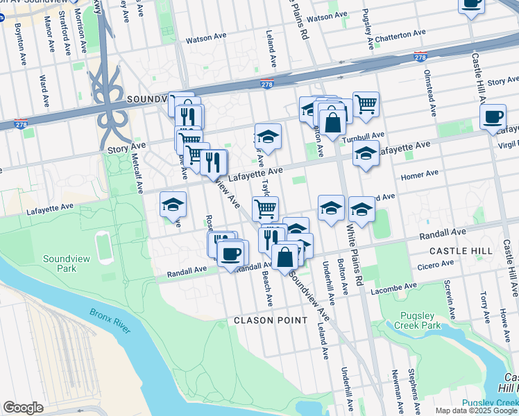 map of restaurants, bars, coffee shops, grocery stores, and more near 1809 Seward Avenue in Bronx