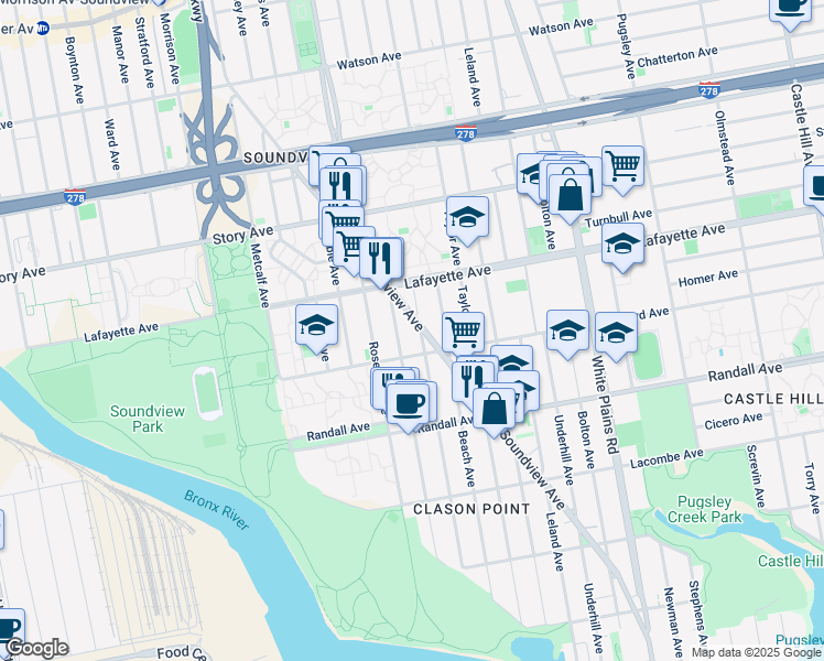 map of restaurants, bars, coffee shops, grocery stores, and more near 715 Saint Lawrence Avenue in Bronx
