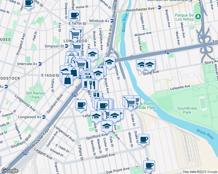 map of restaurants, bars, coffee shops, grocery stores, and more near 887 Bryant Avenue in The Bronx