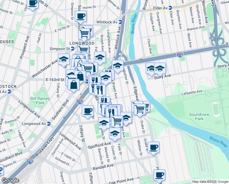 map of restaurants, bars, coffee shops, grocery stores, and more near 887 Bryant Avenue in The Bronx