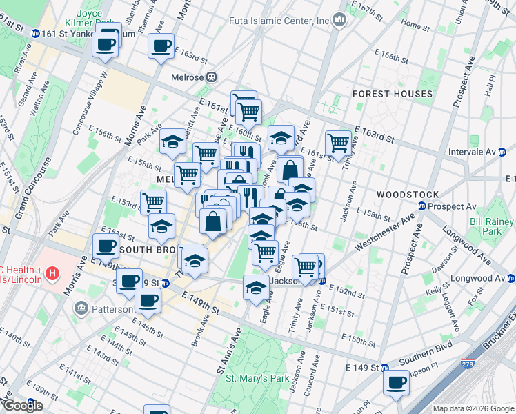 map of restaurants, bars, coffee shops, grocery stores, and more near in The Bronx