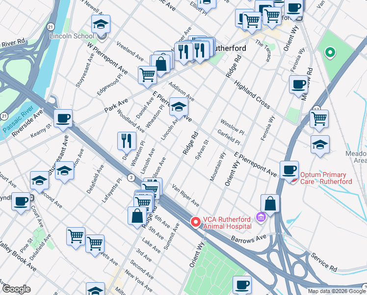 map of restaurants, bars, coffee shops, grocery stores, and more near 237 Ridge Road in Rutherford