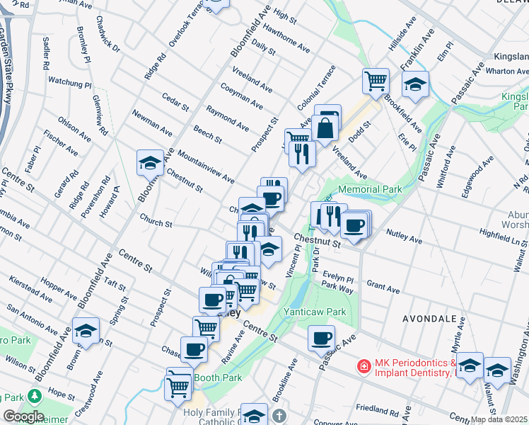 map of restaurants, bars, coffee shops, grocery stores, and more near 276 Chestnut Street in Nutley