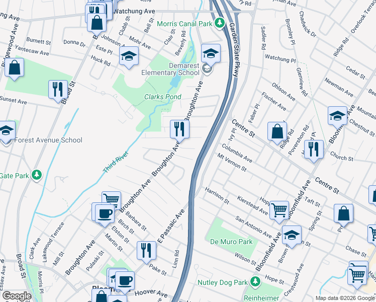 map of restaurants, bars, coffee shops, grocery stores, and more near 27 Civic Place in Bloomfield