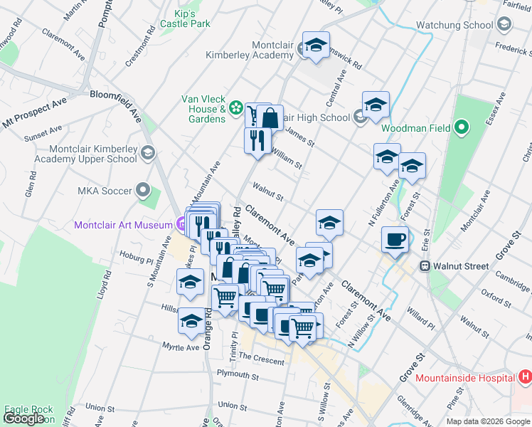 map of restaurants, bars, coffee shops, grocery stores, and more near 290 Claremont Avenue in Montclair