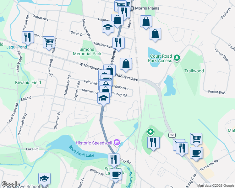 map of restaurants, bars, coffee shops, grocery stores, and more near 5 Kennedy Road in Morris Plains