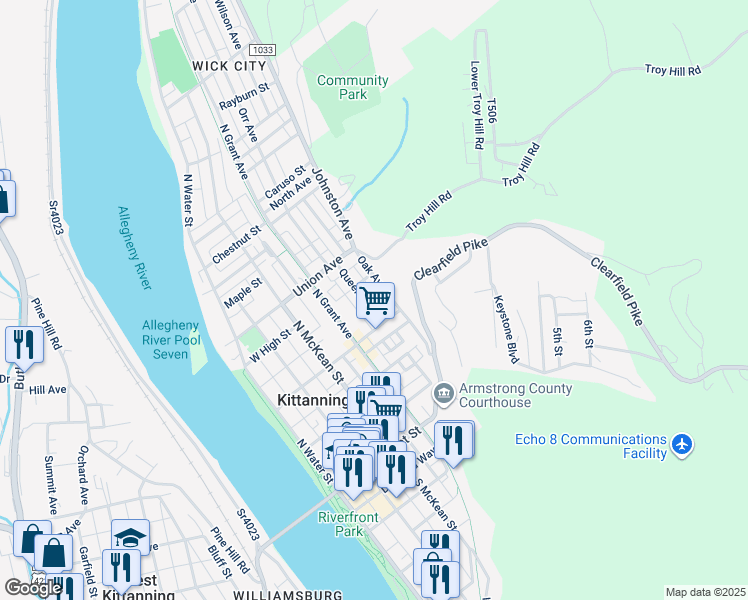 map of restaurants, bars, coffee shops, grocery stores, and more near 126 Queen Street in Kittanning
