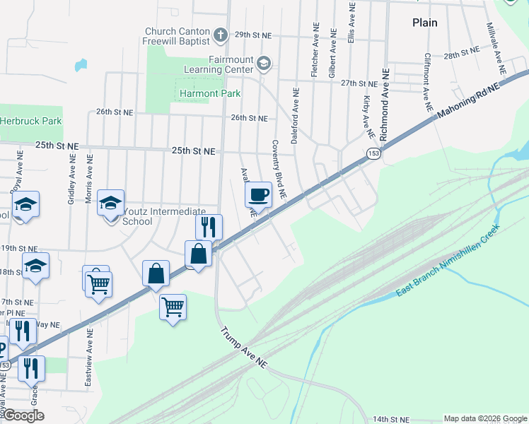 map of restaurants, bars, coffee shops, grocery stores, and more near 3421 Mahoning Road Northeast in Canton