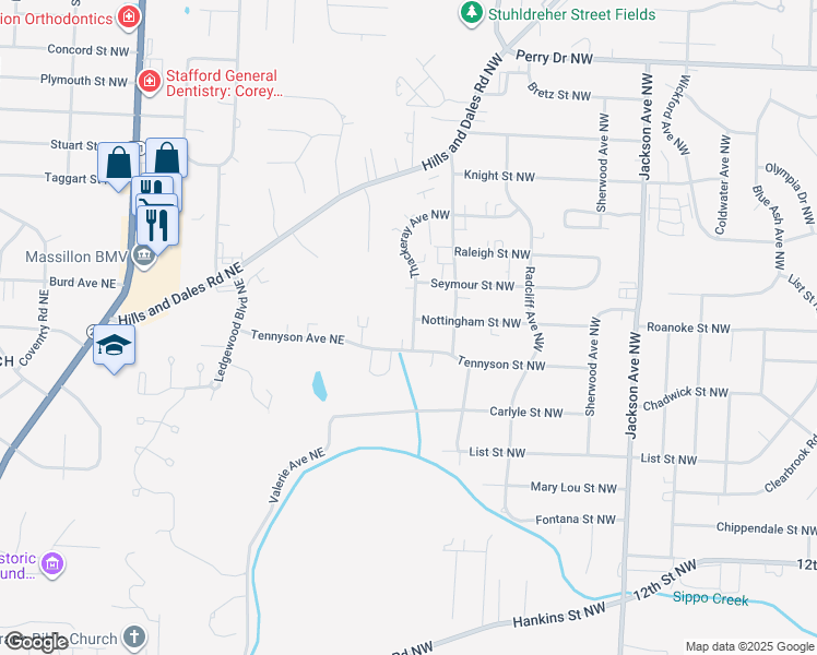 map of restaurants, bars, coffee shops, grocery stores, and more near 1815 Thackeray Avenue Northwest in Massillon