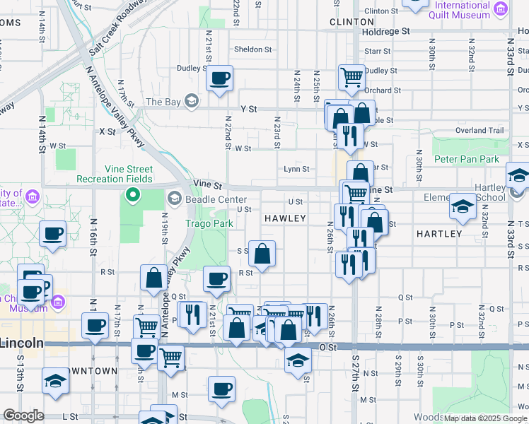 map of restaurants, bars, coffee shops, grocery stores, and more near 633 North 23rd Street in Lincoln