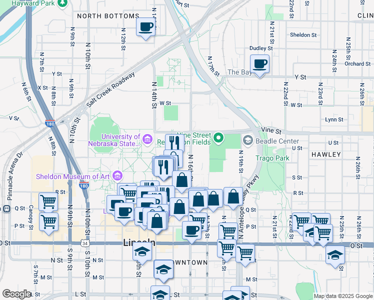 map of restaurants, bars, coffee shops, grocery stores, and more near 625 N 16th St in Lincoln