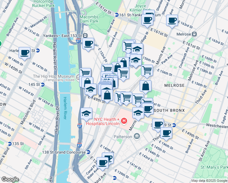 map of restaurants, bars, coffee shops, grocery stores, and more near 598 Grand Concourse in The Bronx