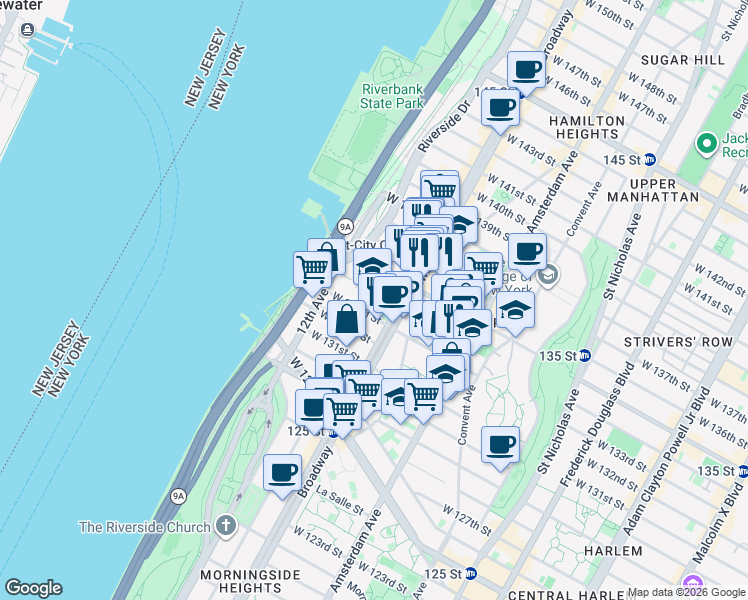 map of restaurants, bars, coffee shops, grocery stores, and more near 625 West 133rd Street in New York