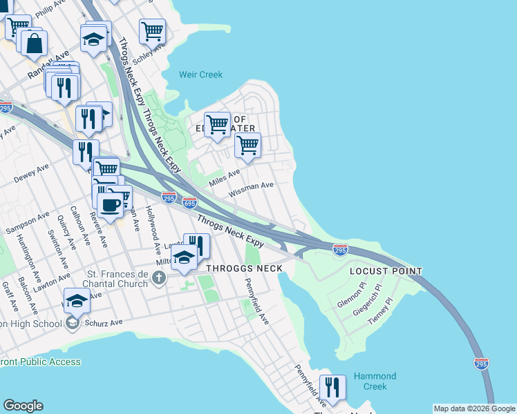 map of restaurants, bars, coffee shops, grocery stores, and more near 217 Blair Avenue in Bronx