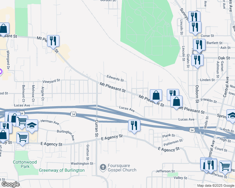 map of restaurants, bars, coffee shops, grocery stores, and more near 914 North Gertrude Street in Burlington