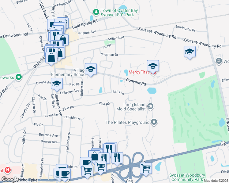 map of restaurants, bars, coffee shops, grocery stores, and more near 72 Barry Lane in Syosset