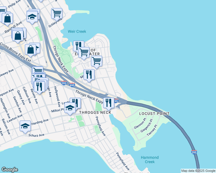 map of restaurants, bars, coffee shops, grocery stores, and more near 228 Blair Avenue in Bronx