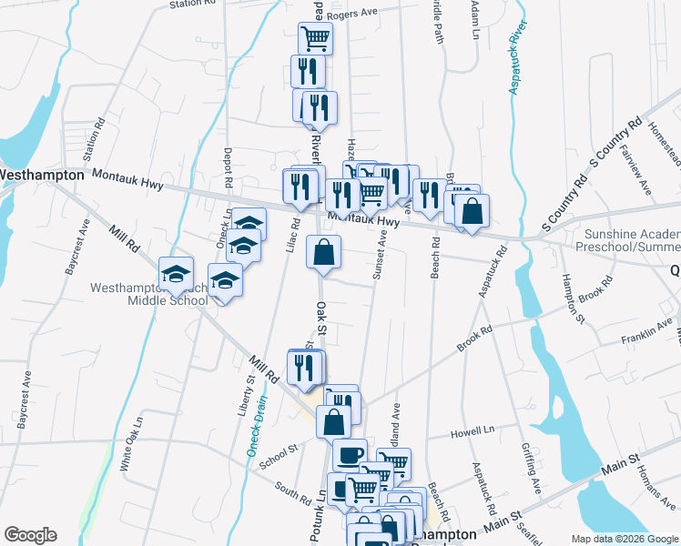 map of restaurants, bars, coffee shops, grocery stores, and more near 70 Oak Street in Westhampton Beach