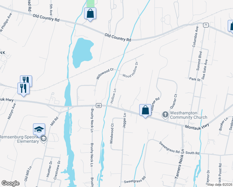 map of restaurants, bars, coffee shops, grocery stores, and more near 4 Hollow Lane in Westhampton