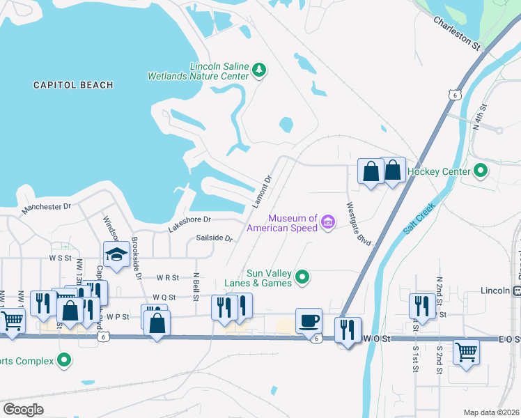 map of restaurants, bars, coffee shops, grocery stores, and more near 640 Lamont Drive in Lincoln