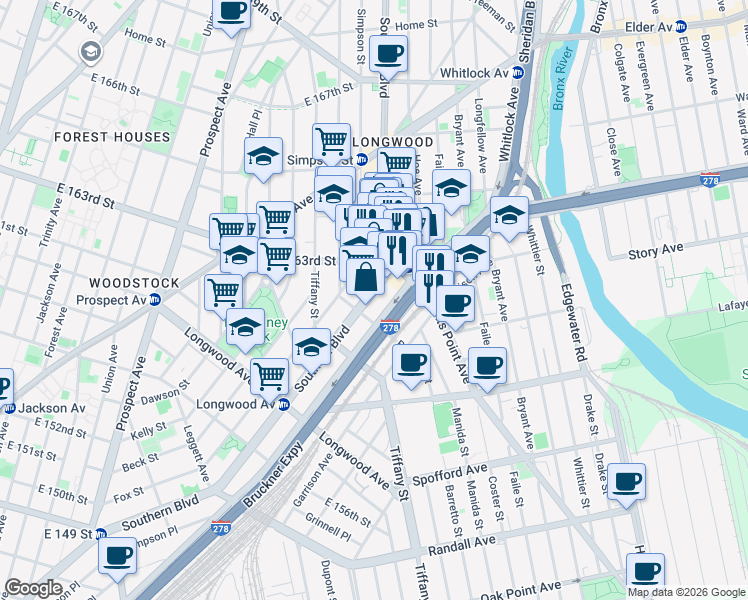 map of restaurants, bars, coffee shops, grocery stores, and more near 901 Southern Boulevard in Bronx