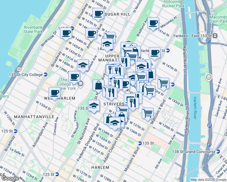 map of restaurants, bars, coffee shops, grocery stores, and more near 274 West 140th Street in New York