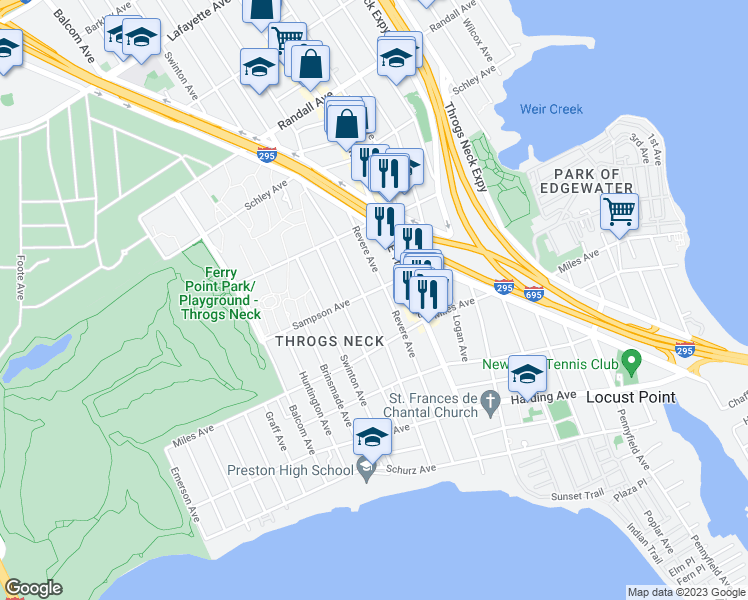 map of restaurants, bars, coffee shops, grocery stores, and more near 2858 Sampson Avenue in The Bronx