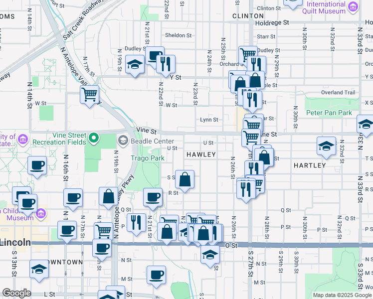 map of restaurants, bars, coffee shops, grocery stores, and more near 633 North 23rd Street in Lincoln