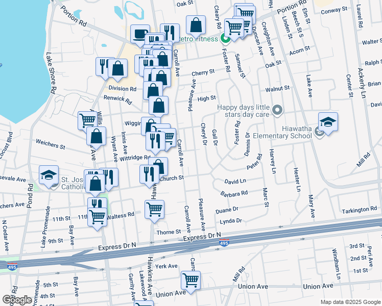 map of restaurants, bars, coffee shops, grocery stores, and more near 12 Pine Street in Ronkonkoma