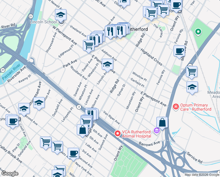map of restaurants, bars, coffee shops, grocery stores, and more near 237 Ridge Road in Rutherford