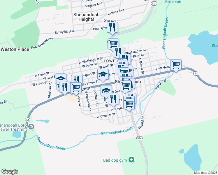 map of restaurants, bars, coffee shops, grocery stores, and more near 211 West New York Street in Shenandoah