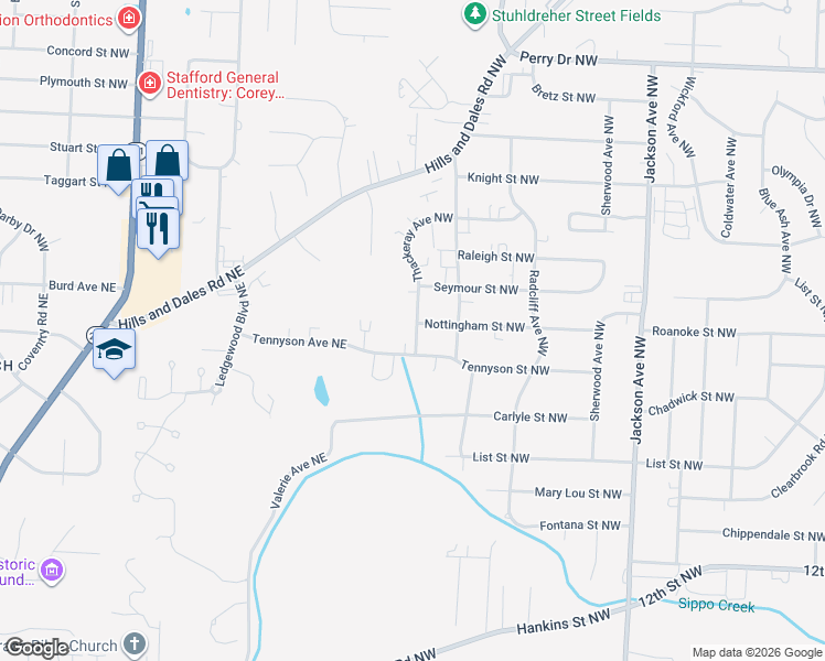 map of restaurants, bars, coffee shops, grocery stores, and more near 1815 Thackeray Avenue Northwest in Massillon