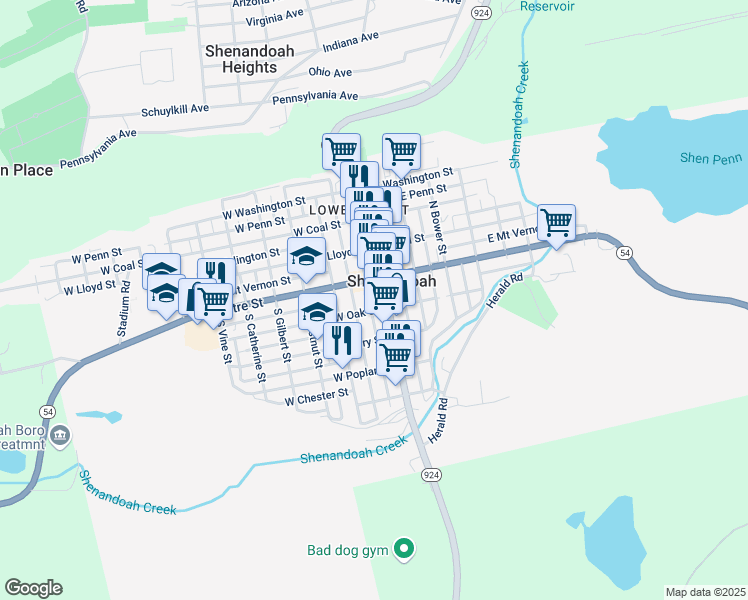 map of restaurants, bars, coffee shops, grocery stores, and more near 27 South Ferguson Street in Shenandoah