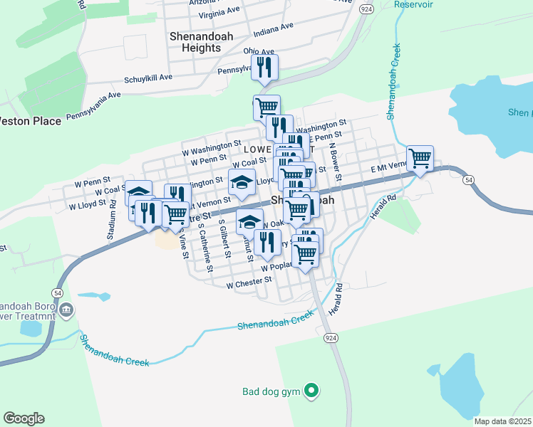 map of restaurants, bars, coffee shops, grocery stores, and more near 17 South West Street in Shenandoah