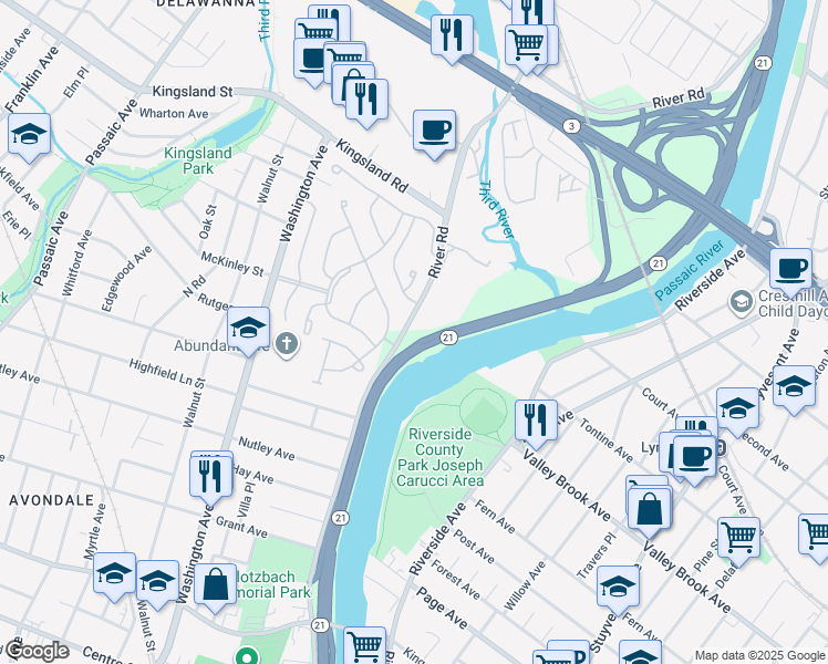 map of restaurants, bars, coffee shops, grocery stores, and more near 438 River Road in Nutley