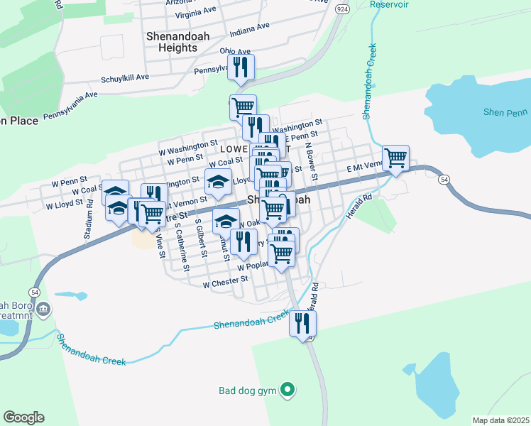 map of restaurants, bars, coffee shops, grocery stores, and more near 27 South Ferguson Street in Shenandoah