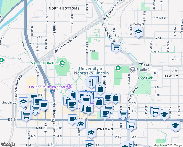 map of restaurants, bars, coffee shops, grocery stores, and more near 630 North 15th Street in Lincoln