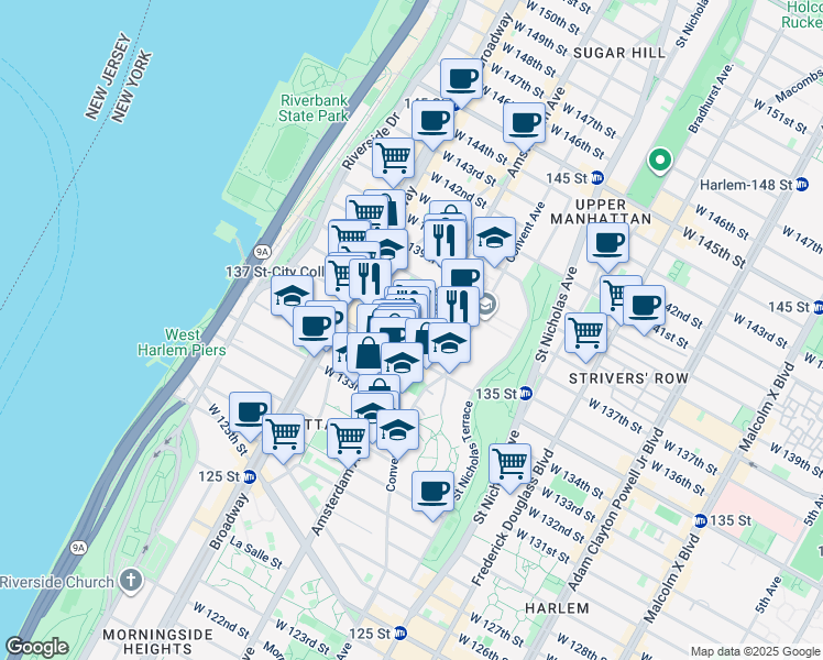 map of restaurants, bars, coffee shops, grocery stores, and more near 515 West 136th Street in New York